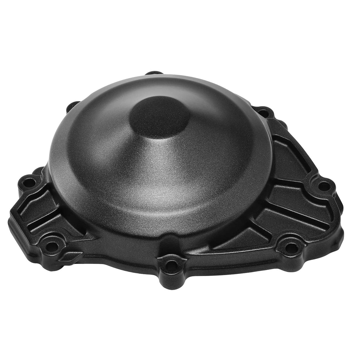 Left side engine stator cover, black rounded cap and ribbed base with bolt holes