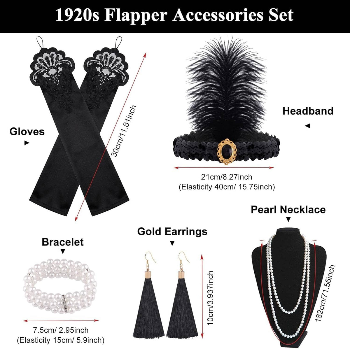 Flapper accessories set: feather headband, pearl necklace, bracelet, tassel earrings, gloves