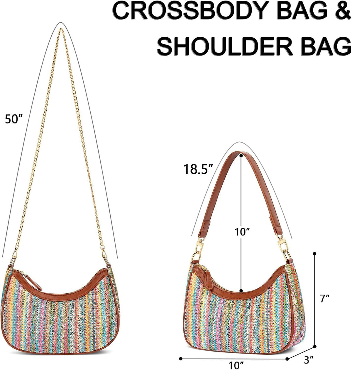 Multicolor woven hobo bag with brown leather handles and gold-tone rings, with size outline.