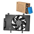 Black radiator cooling fan assembly with multi-blade impeller and mounting brackets.