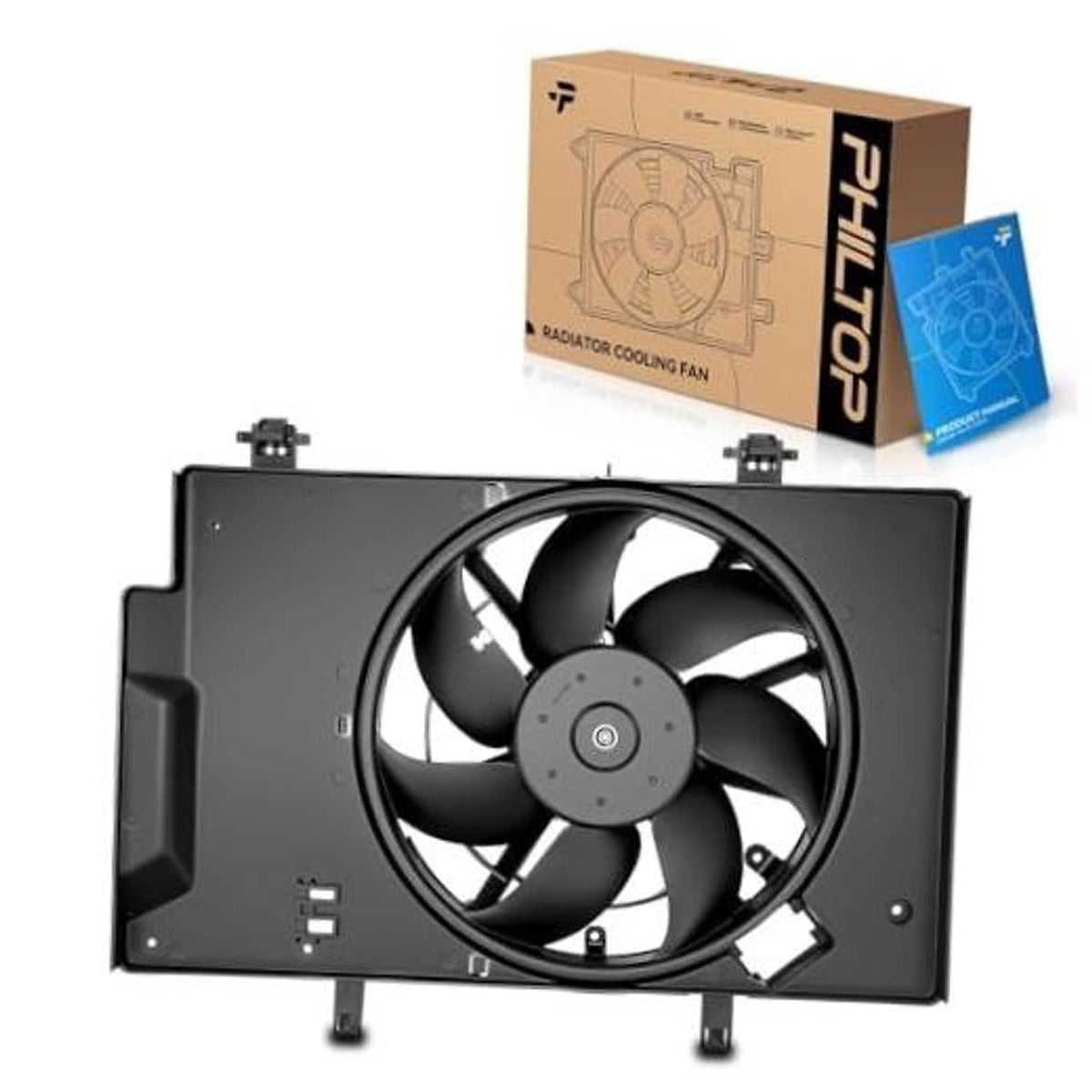Black radiator cooling fan assembly with multi-blade impeller and mounting brackets.