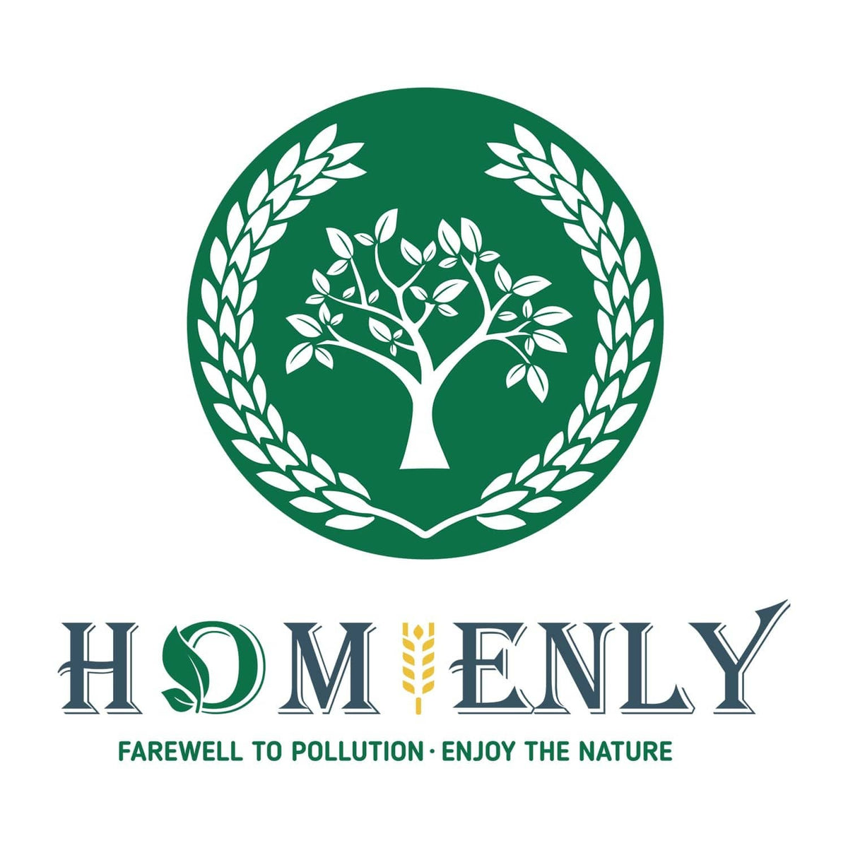 Homienly wheat straw dinnerware brand logo with tree and leaf emblem