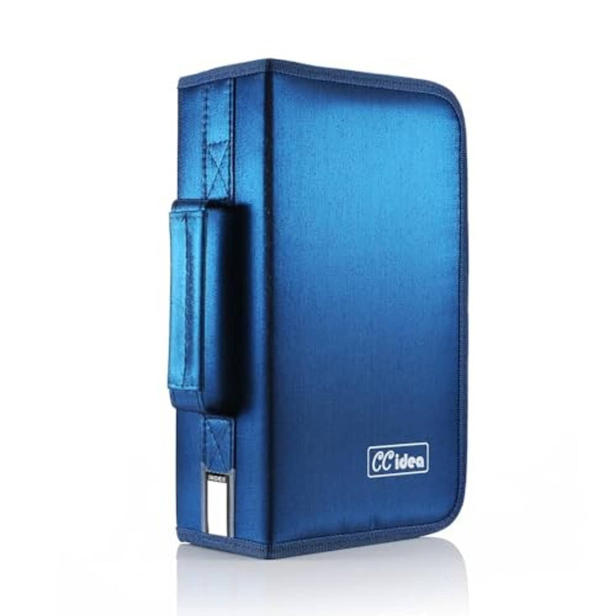 Blue DVD storage organizer case with side handle and CCidea label