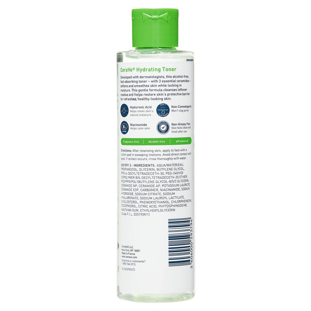 CeraVe hydrating toner bottle, rear label view with barcode