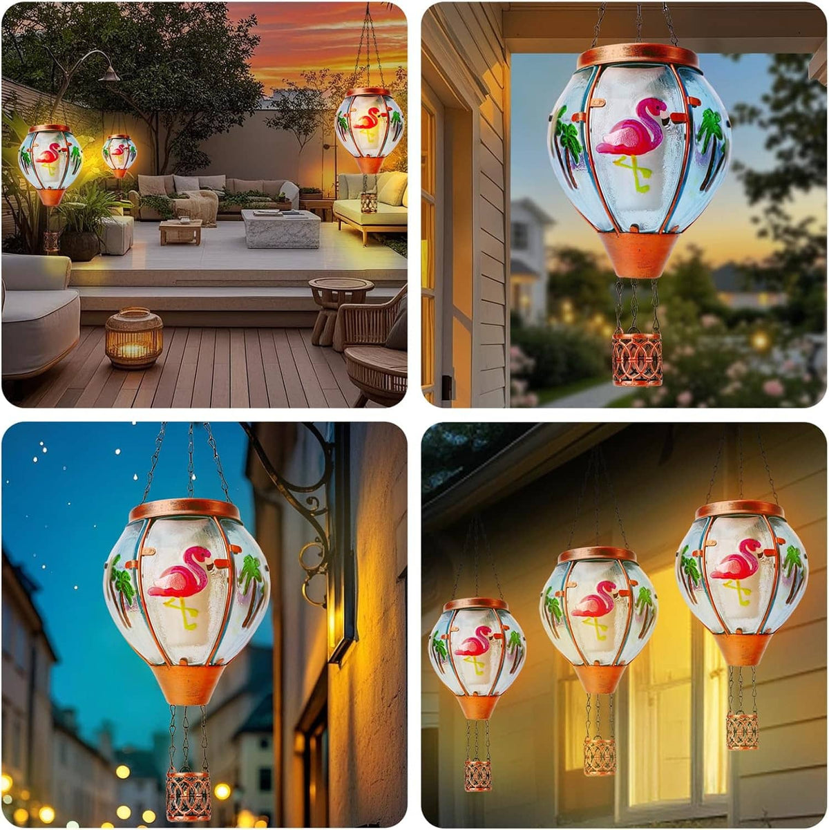 Set of flamingo solar lanterns with blue glass globe bodies and red metal hanging baskets