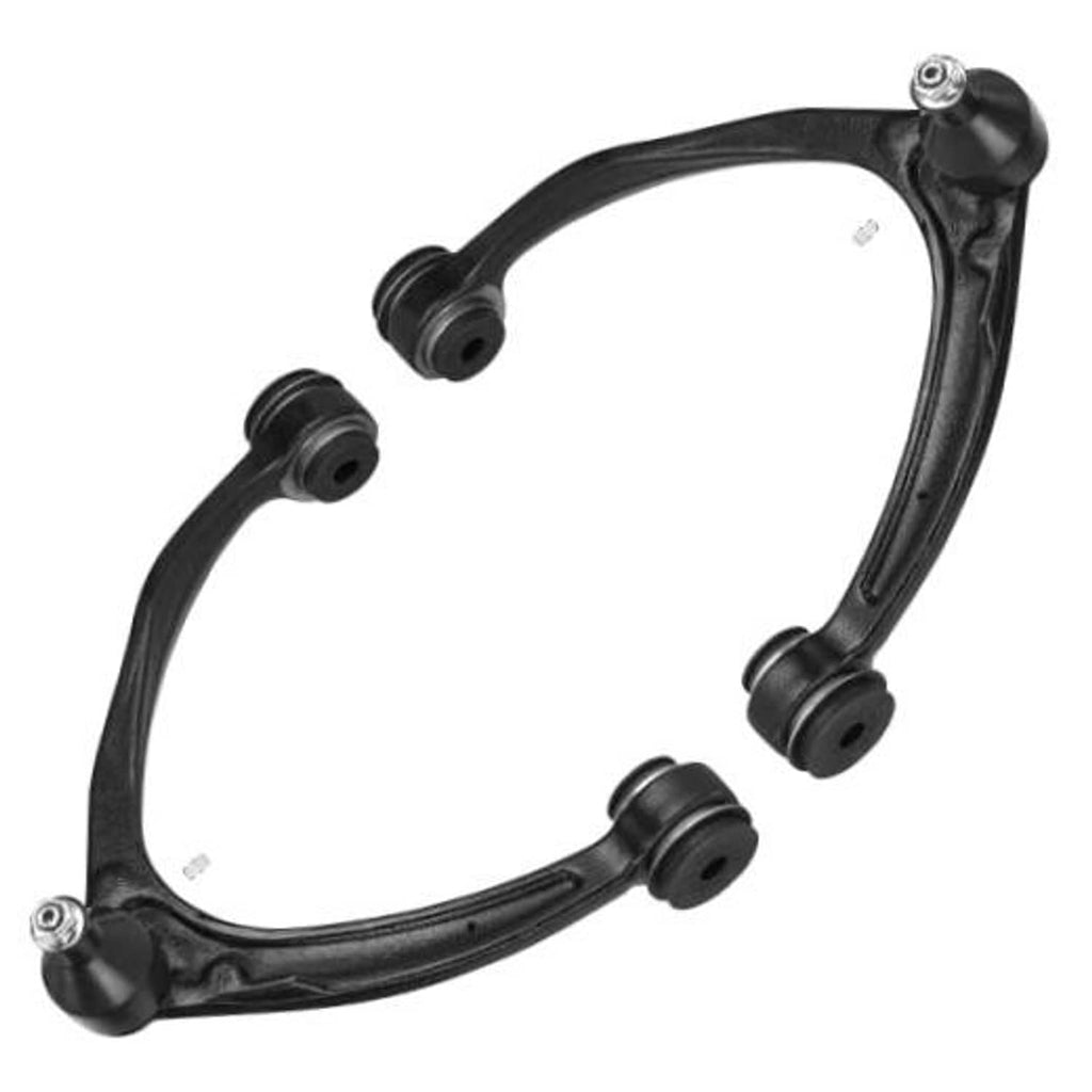 Black front upper control arm with rubber bushings and ball joint mounting ends.