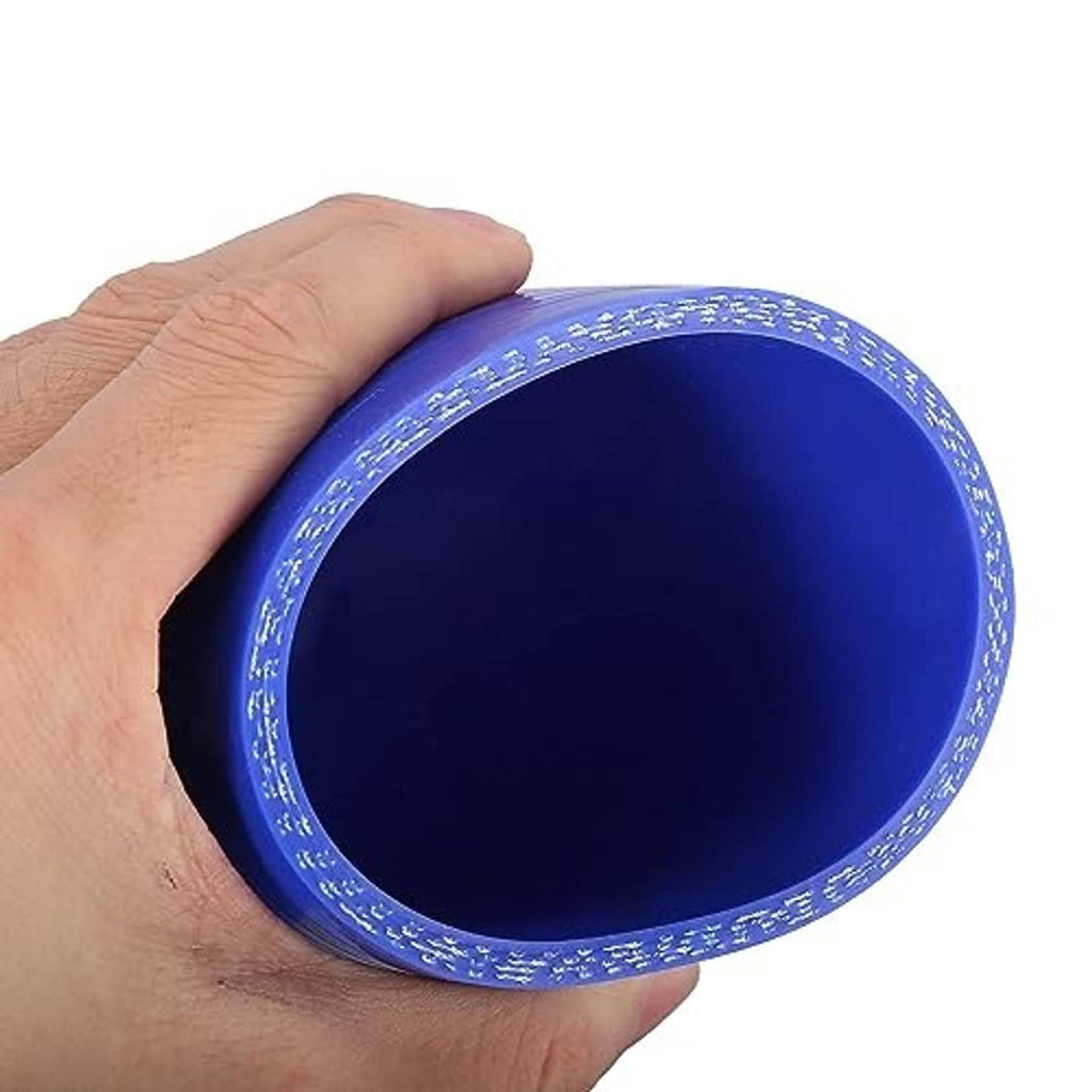 Blue silicone hose elbow reducer close-up of end opening with embossed border.
