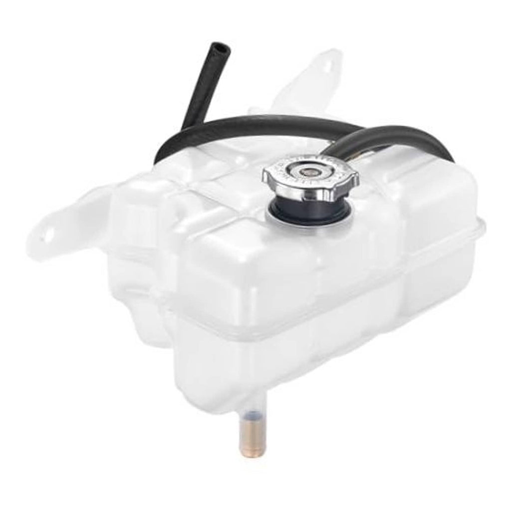 Engine coolant overflow tank with cap and hose, white plastic reservoir