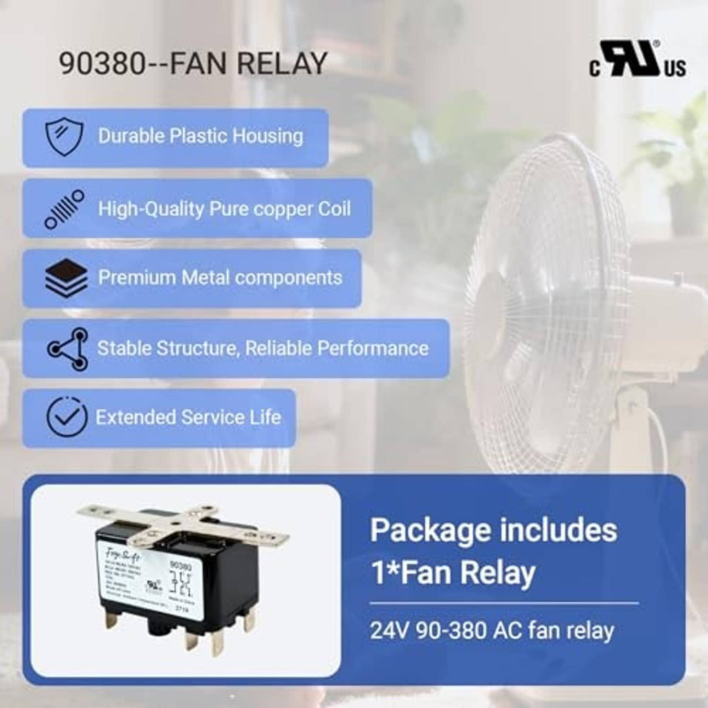 Fan relay marketing graphic listing durable housing and copper coil features