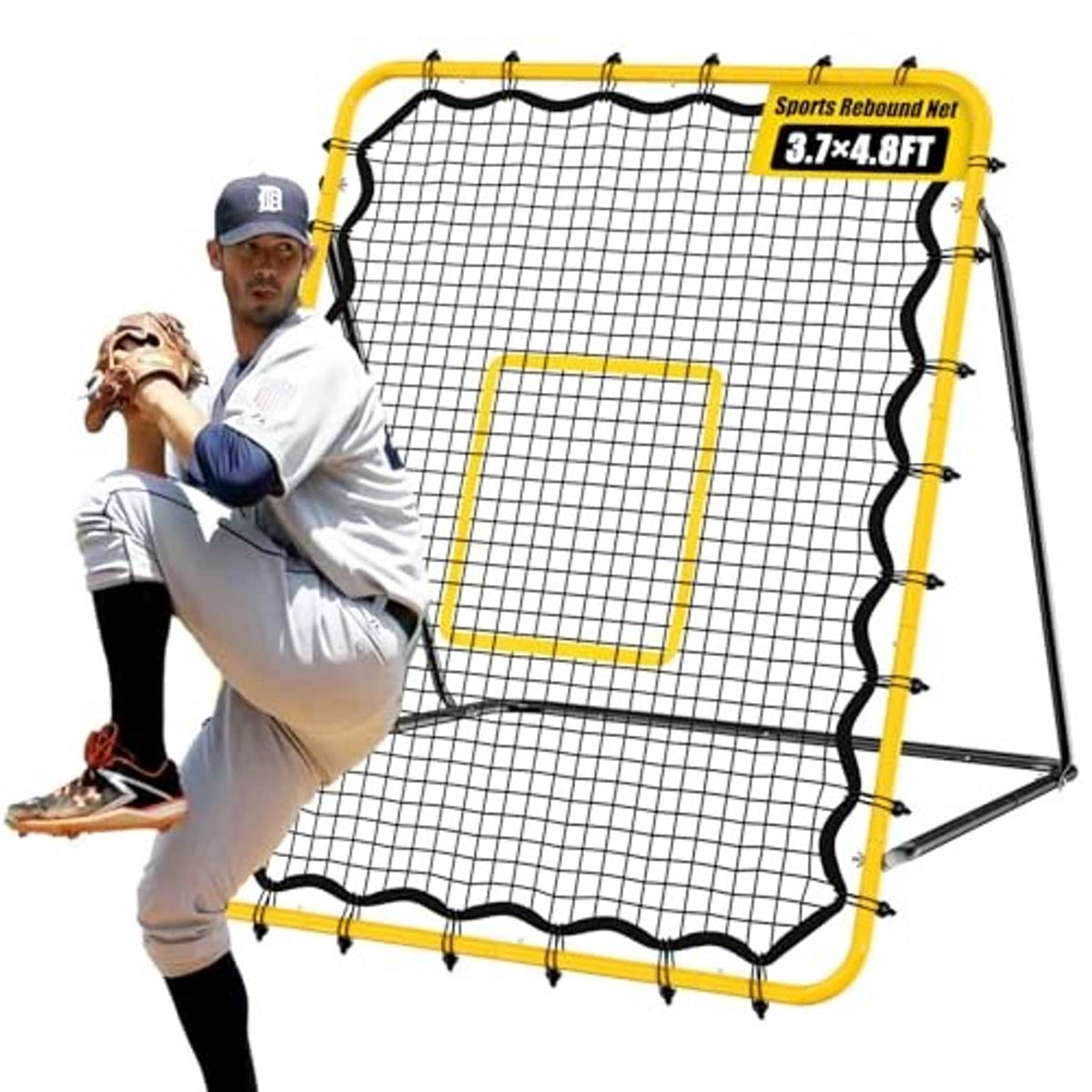 Rebound net with square target window, yellow frame, black grid net on A-frame stand