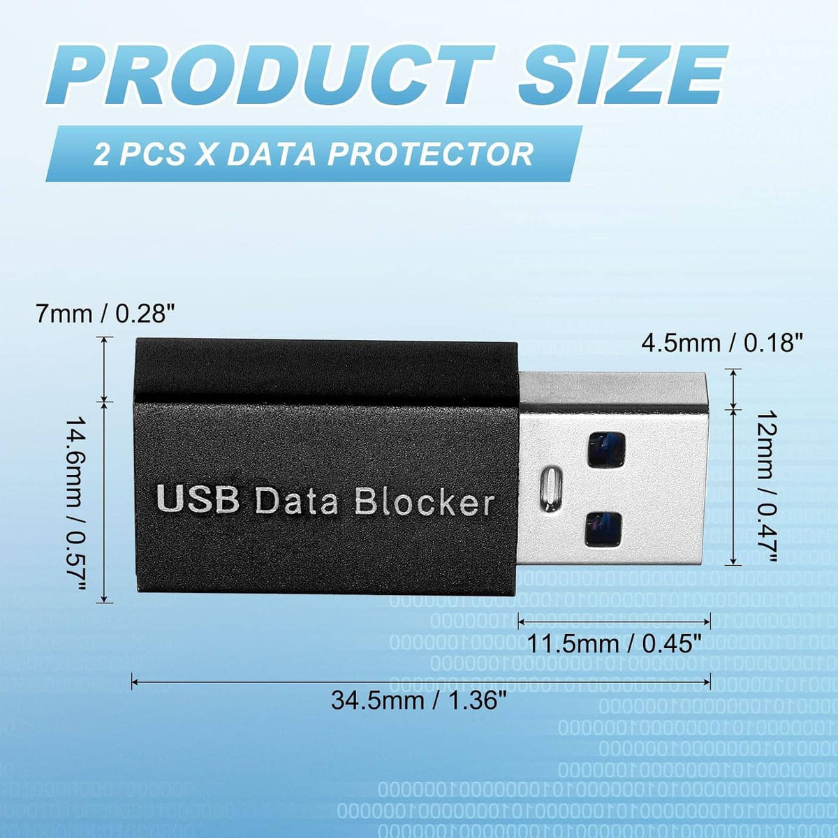 USB-A data blocker adapter with black blocker body and silver connector plug