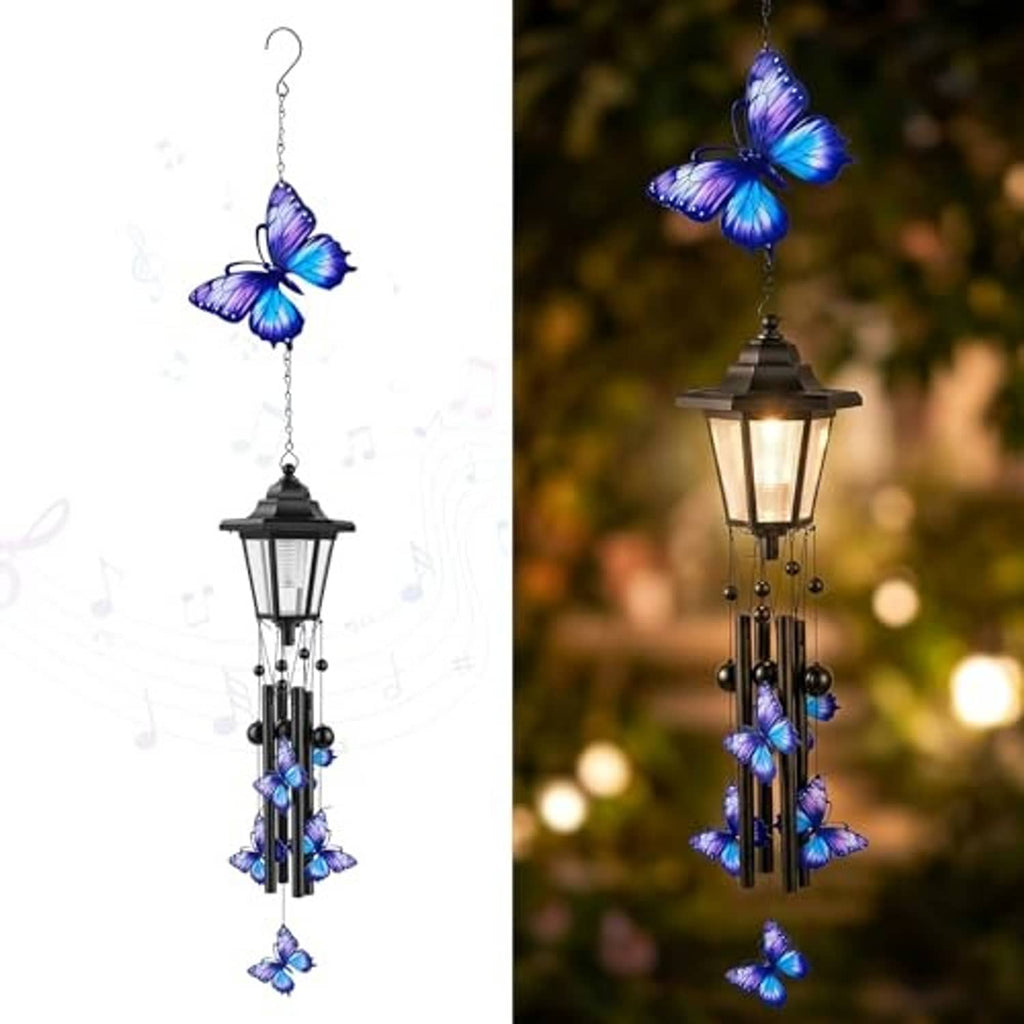Hanging solar lantern wind chime with blue butterflies and black lantern