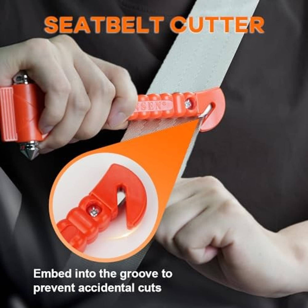 Emergency car safety hammer with red seatbelt cutter blade