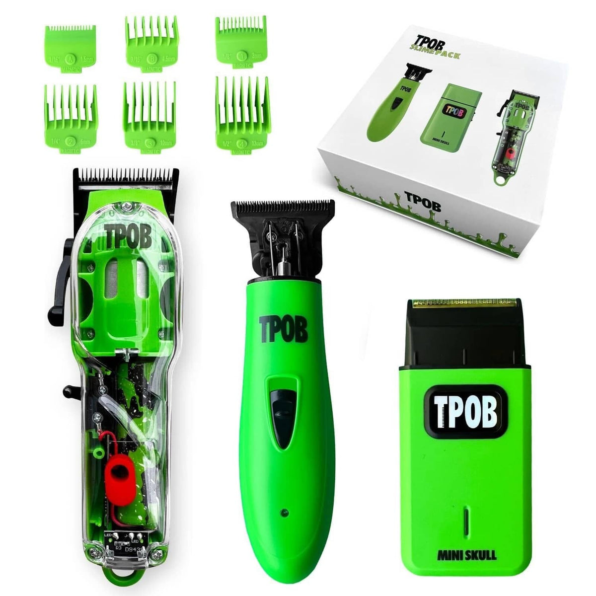 Green and black hair clipper trimmer shaver set with guards, in retail box