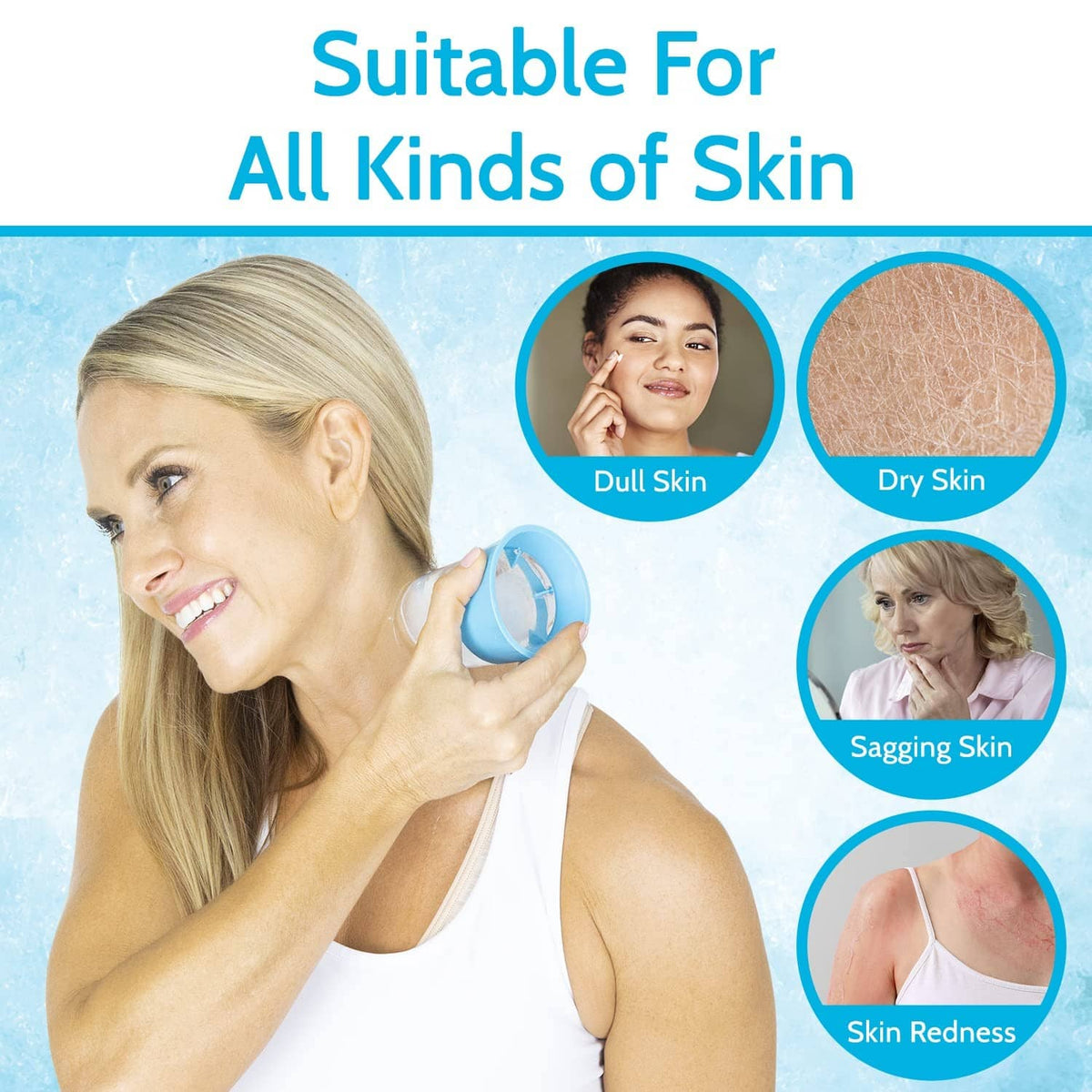 Ice roller for skin care, blue roller tool gently pressed to the cheek
