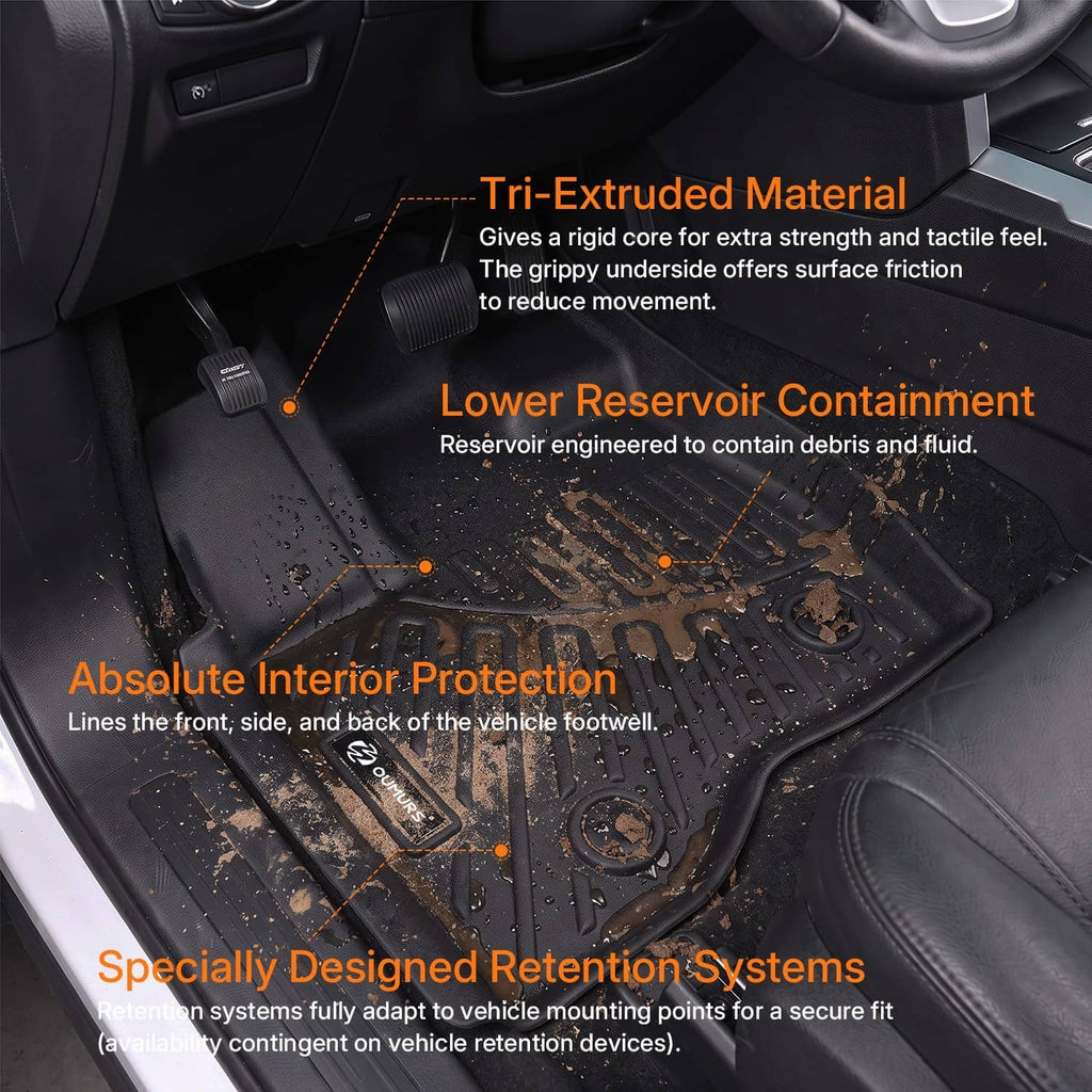 Black TPE floor mat liners with raised patterns to help contain dirt and moisture.