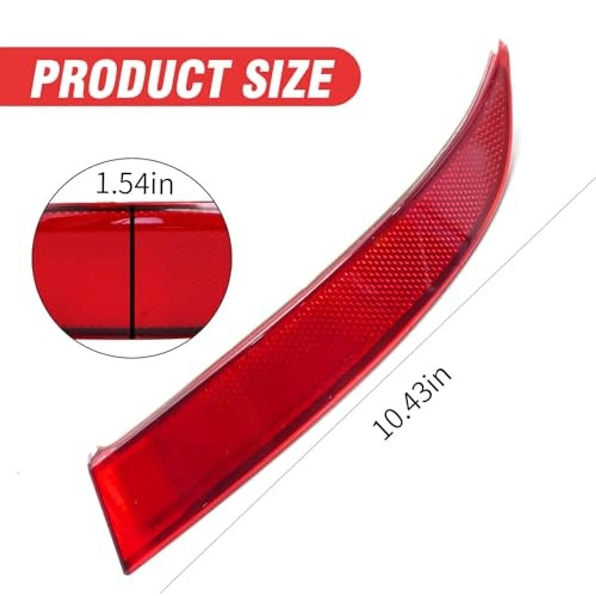 Red rear bumper reflector lens, long curved shape with textured reflective finish