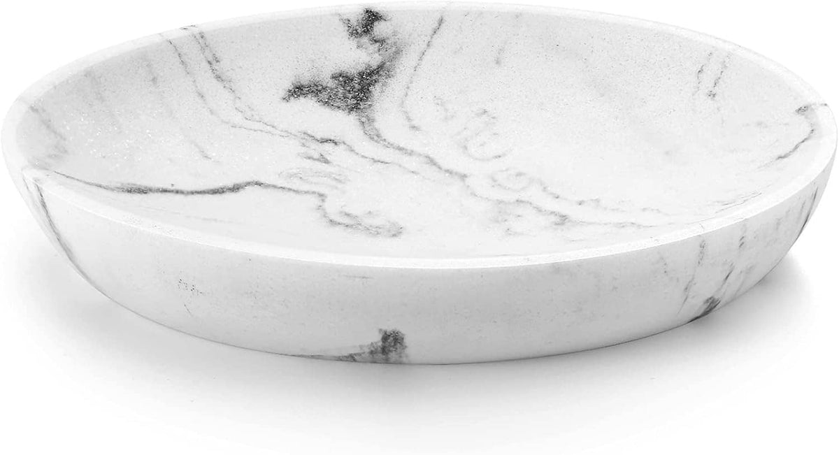 Oval marble-pattern resin soap tray with smooth curved edges, white and gray.