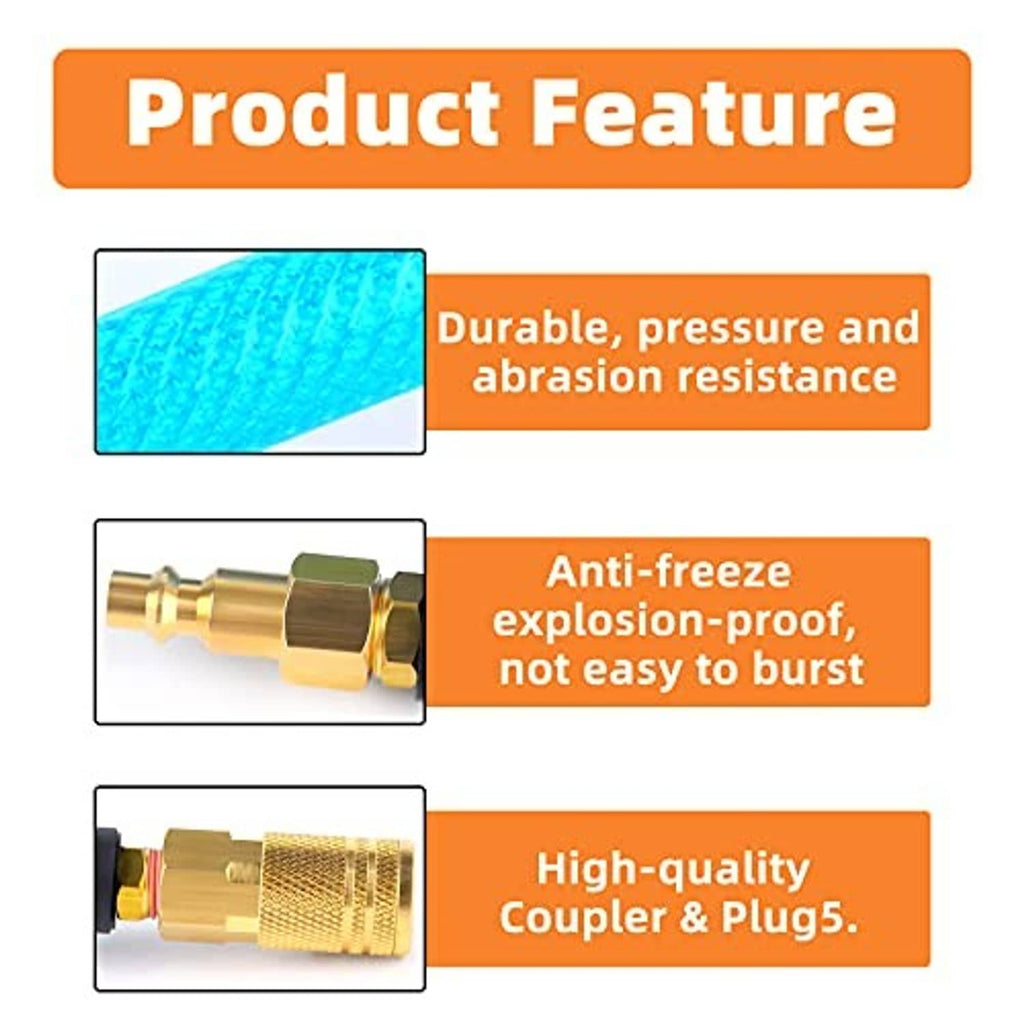 Hose feature graphic with blue polyurethane hose and brass coupler with black parts