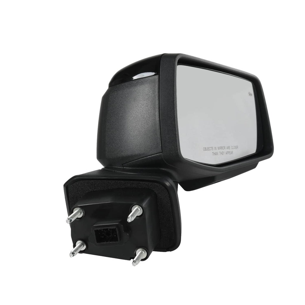 Black side mirror with mounting base and electrical connector pins