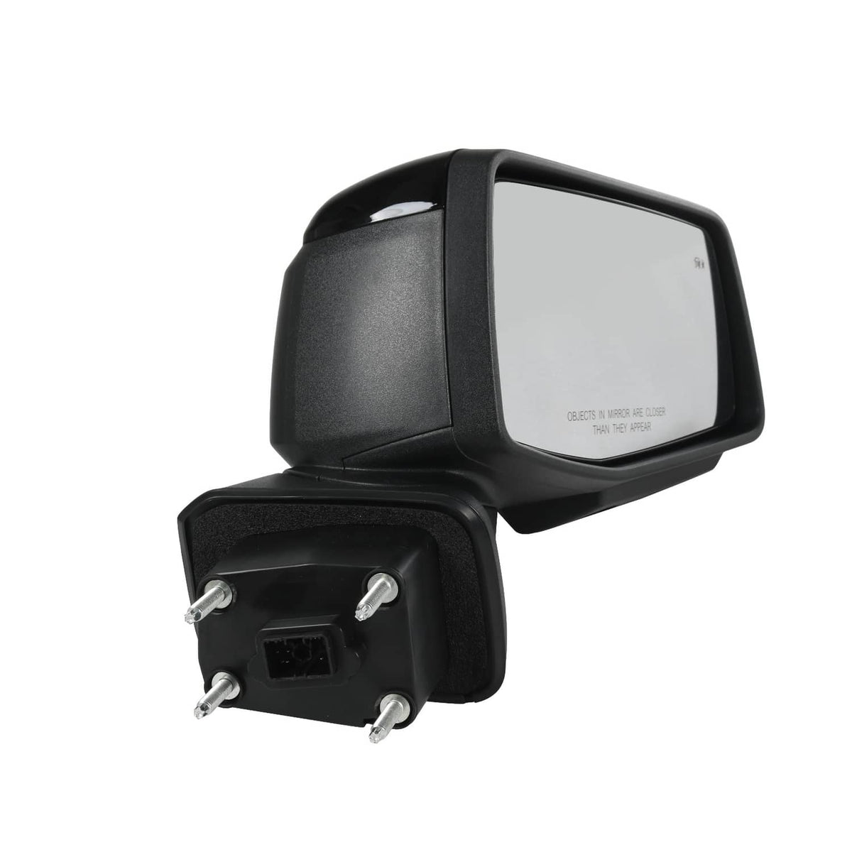 Black side mirror with mounting base and electrical connector pins