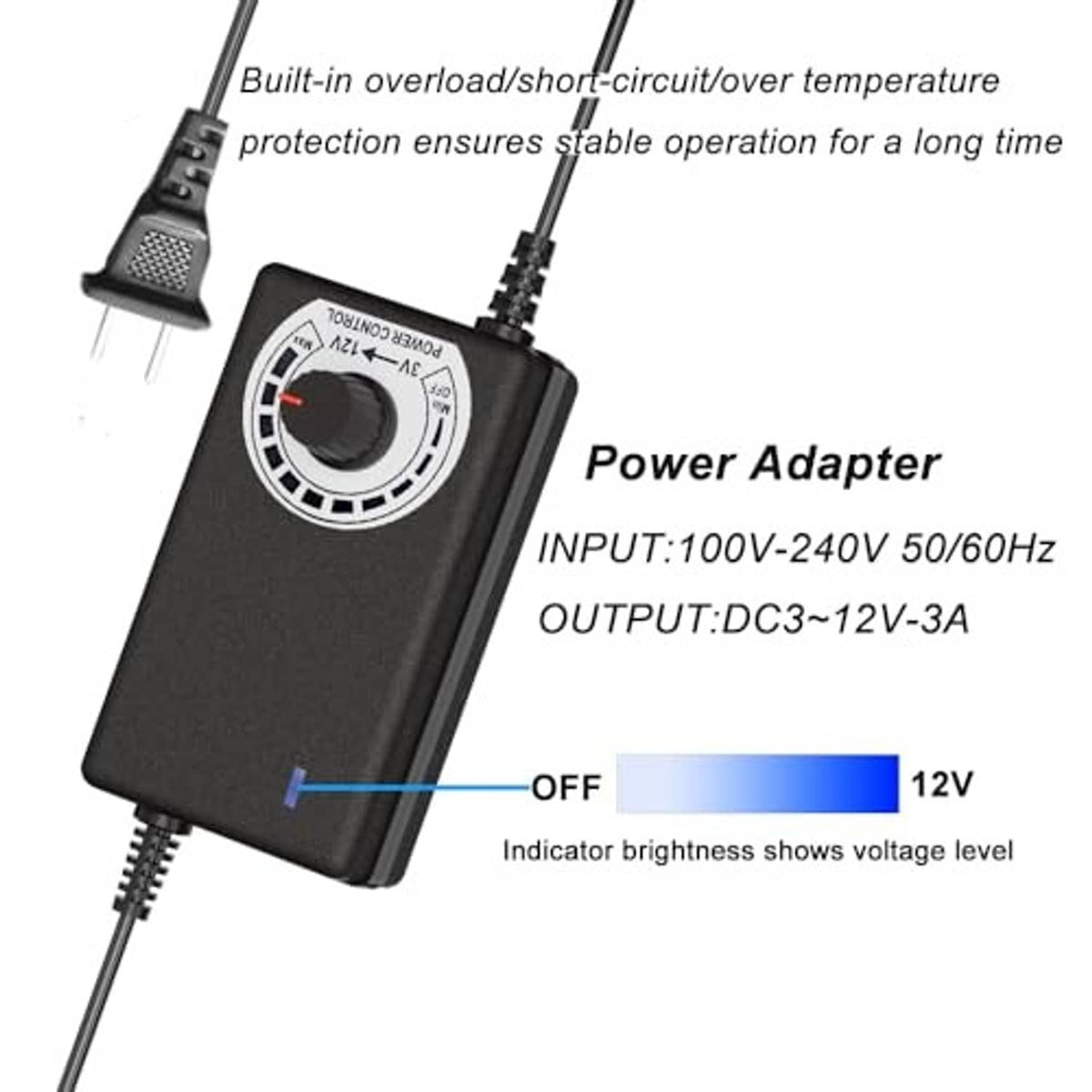 12V PWM fan hub controller with power adapter and voltage indicator markings