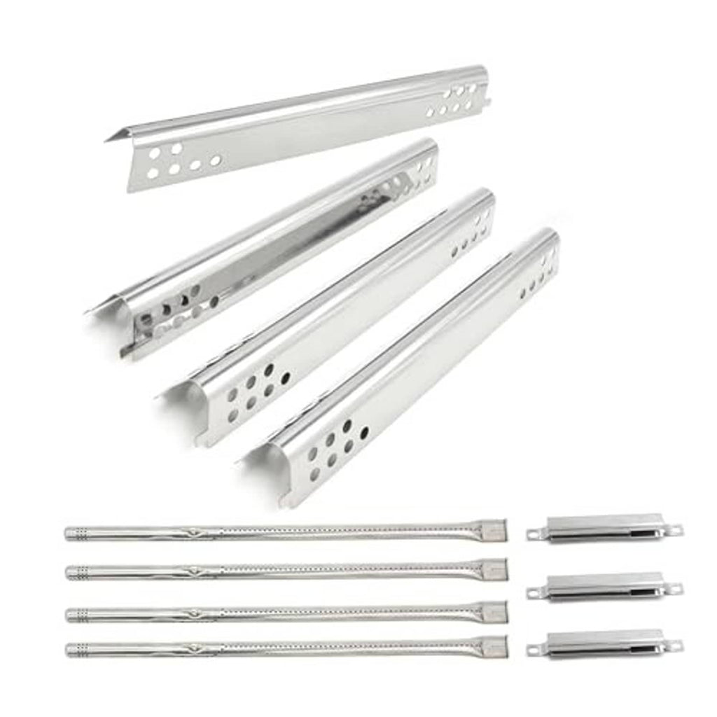 Burner tubes with perforated heat shields and metal mounting clips, stainless set