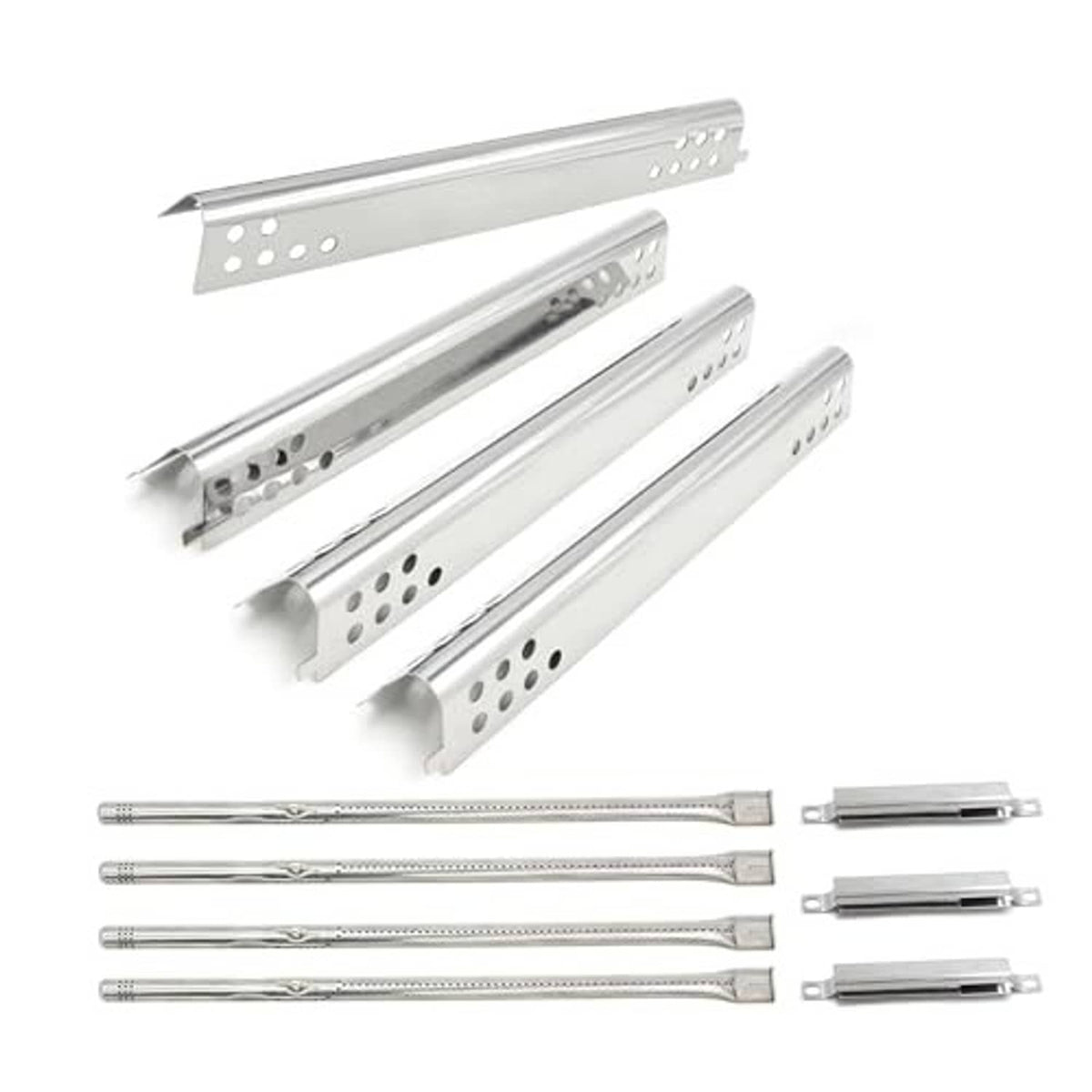 Burner tubes with perforated heat shields and metal mounting clips, stainless set