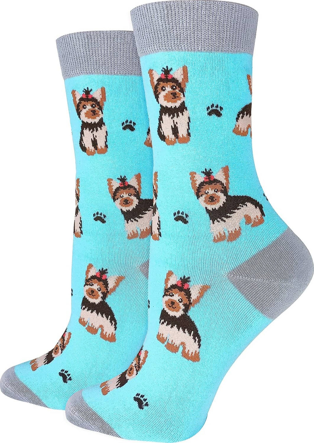 Pair of light blue crew socks with cute yorkie dog and paw print pattern