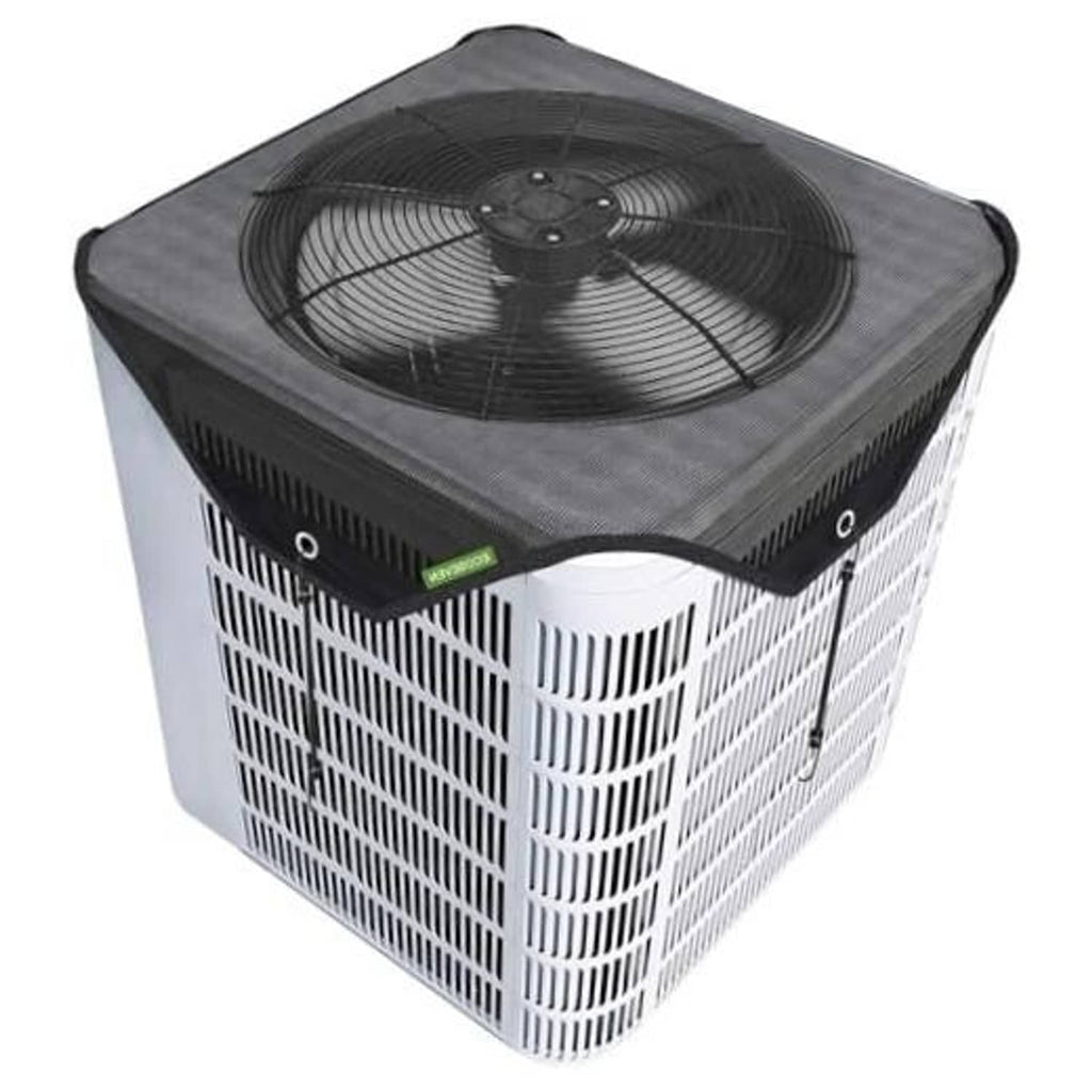 Mesh outdoor AC unit cover with black top panel over a square condenser unit