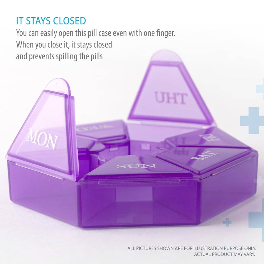 Purple round weekly pill organizer with clear day-labeled lids shown in profile