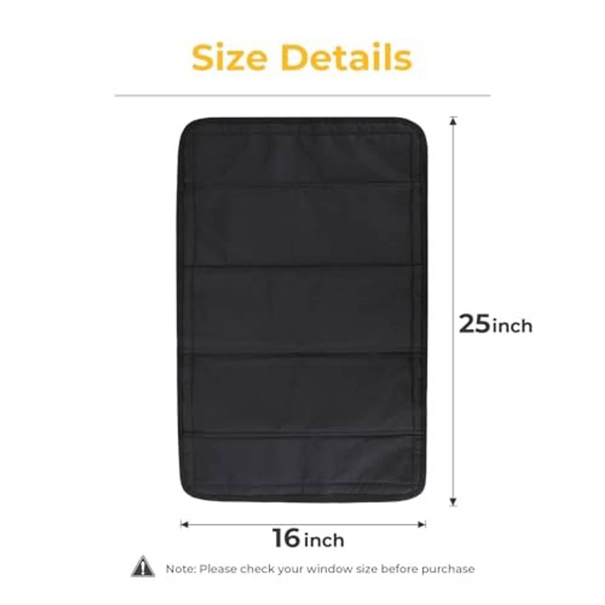 Black RV door window shade cover with size markings 16 in wide and 25 in tall