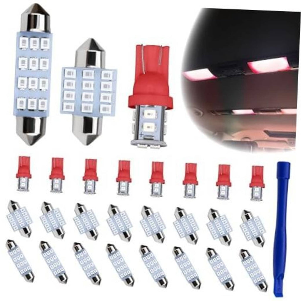 LED car interior dome light bulbs set with red housing and white multi-LED board