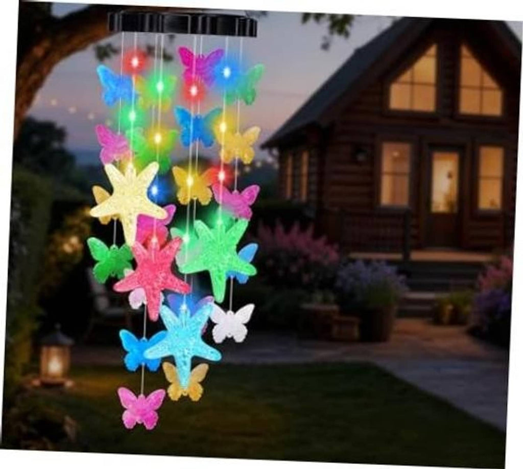 Hanging solar wind chime with multicolor butterfly and starfish light ornaments