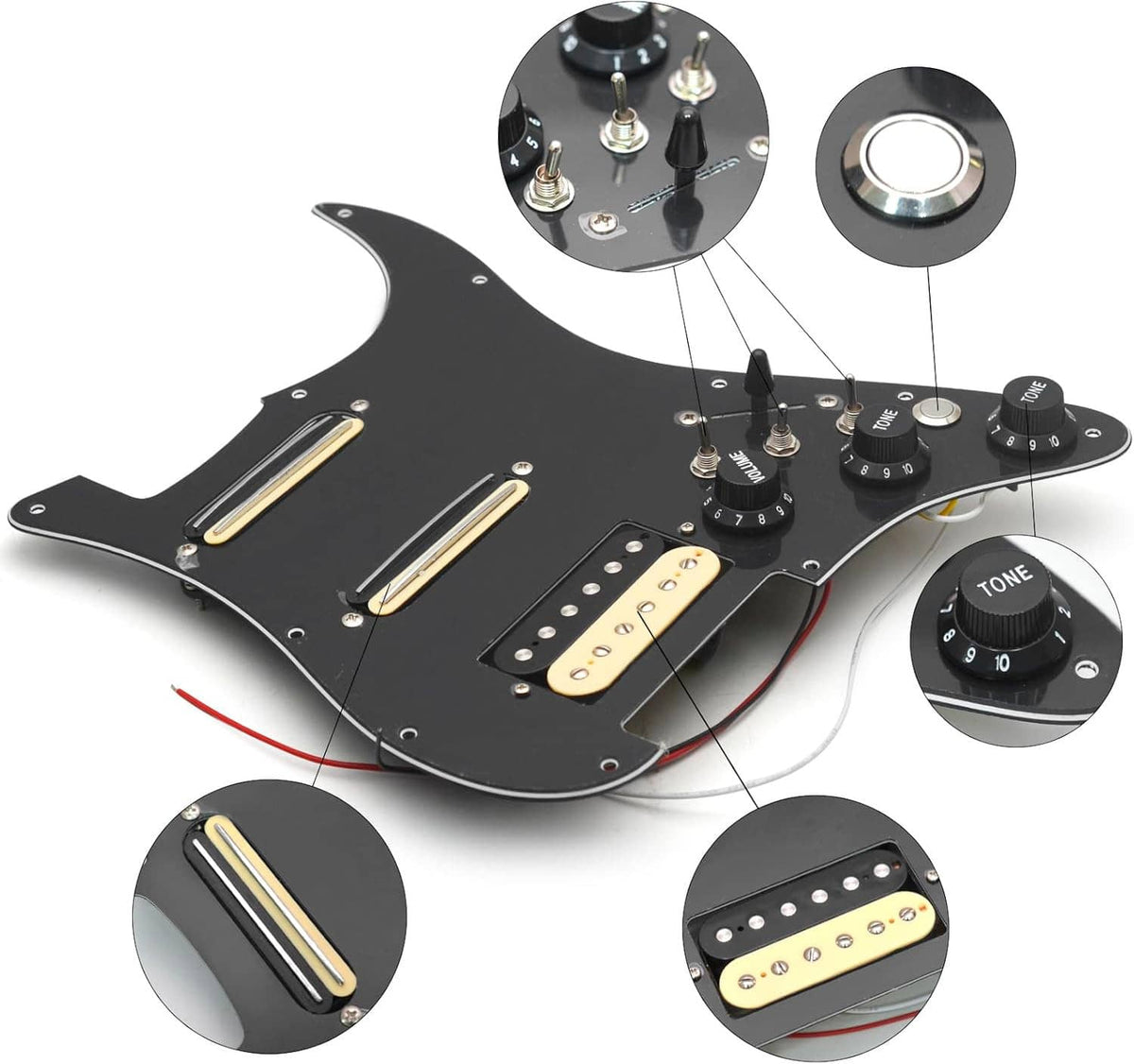Black electric guitar pickguard kit with three pickups, control knobs, and close-up views