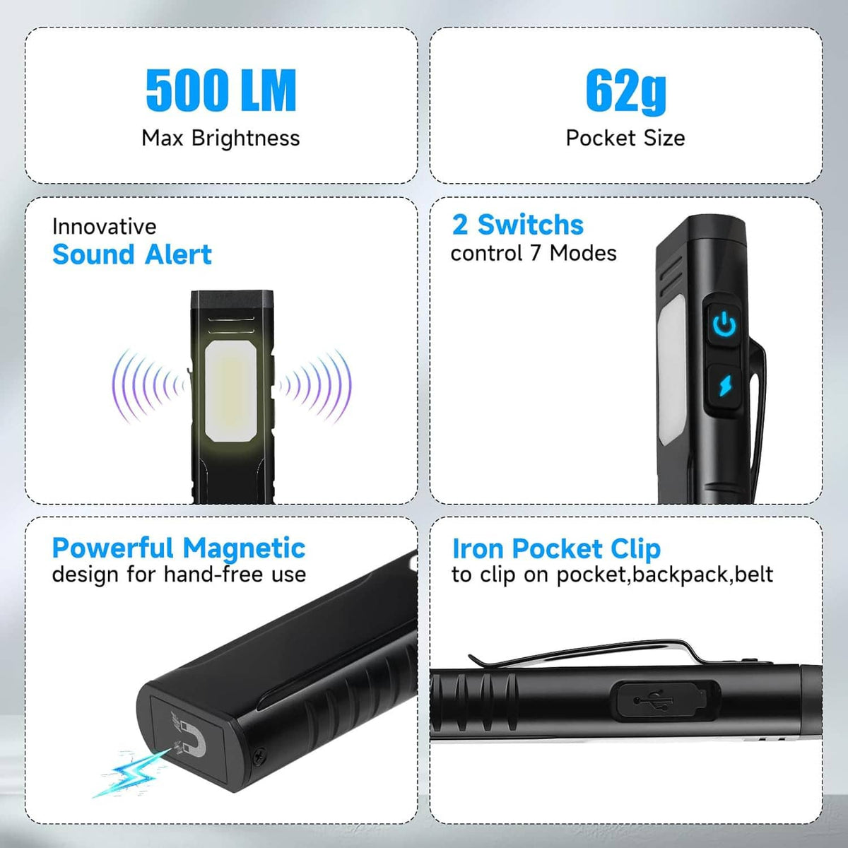 Compact black rechargeable pocket flashlight with display window and side control