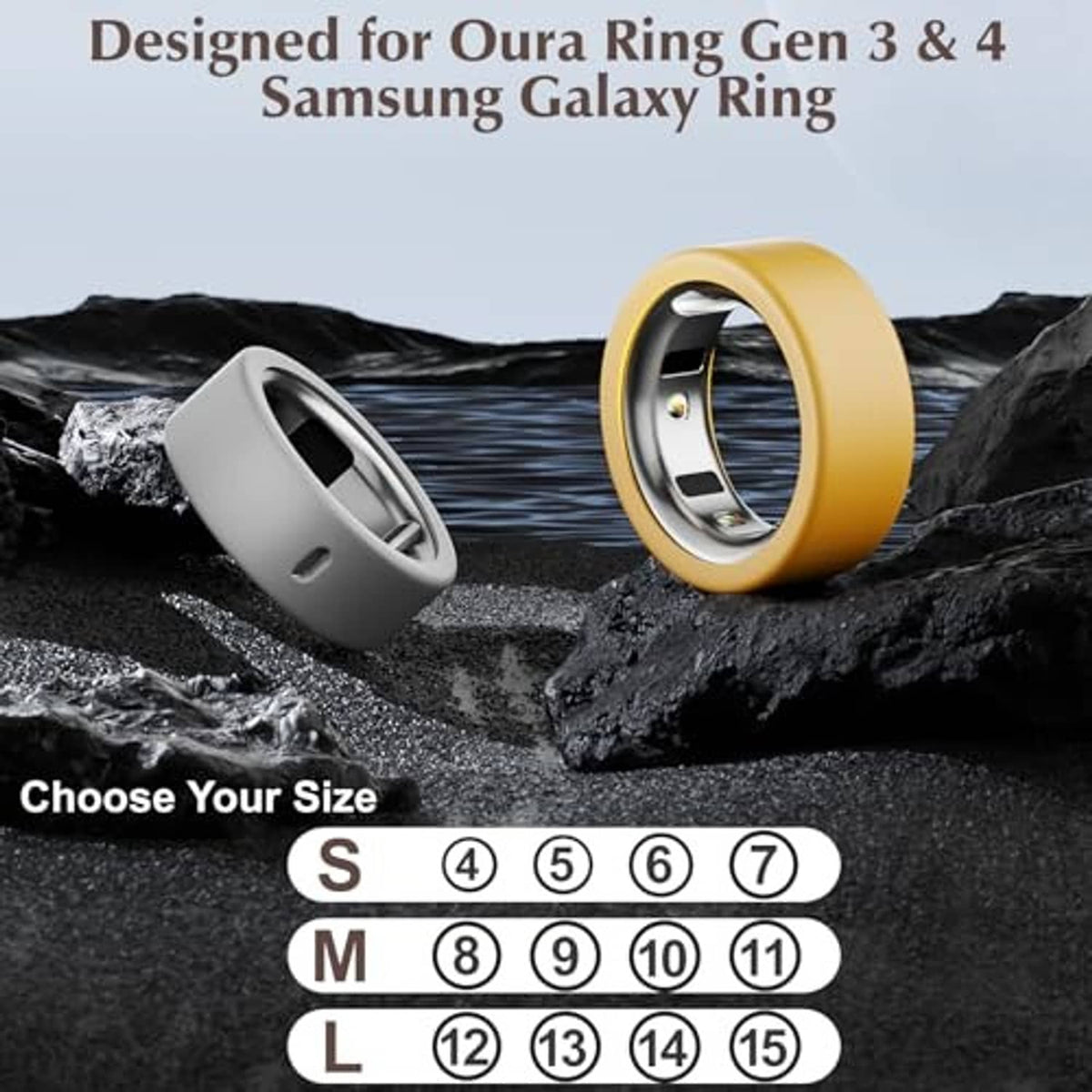 Gold and silver smart ring protective silicone covers set on textured surface