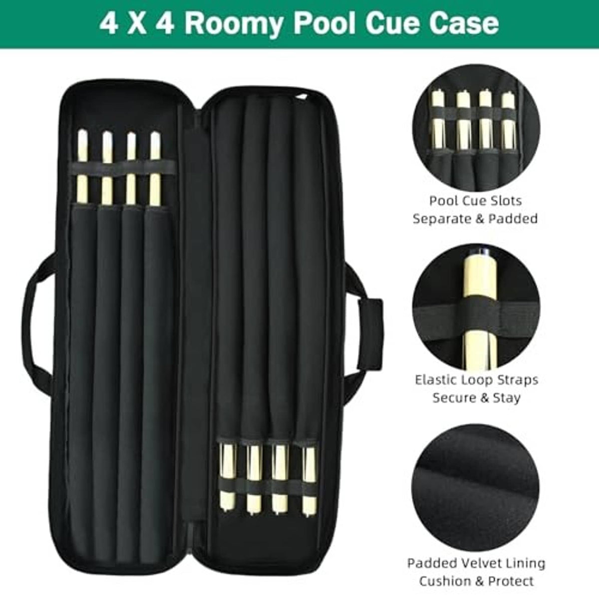 Black 4x4 pool cue case bag with internal divider slots and elastic loop straps