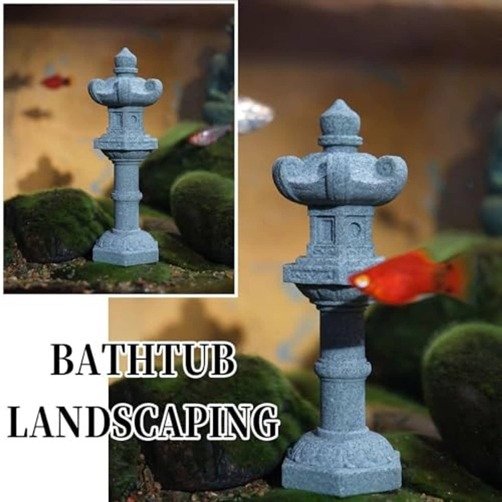 Miniature stone pagoda lantern ornament with stacked tier base, gray