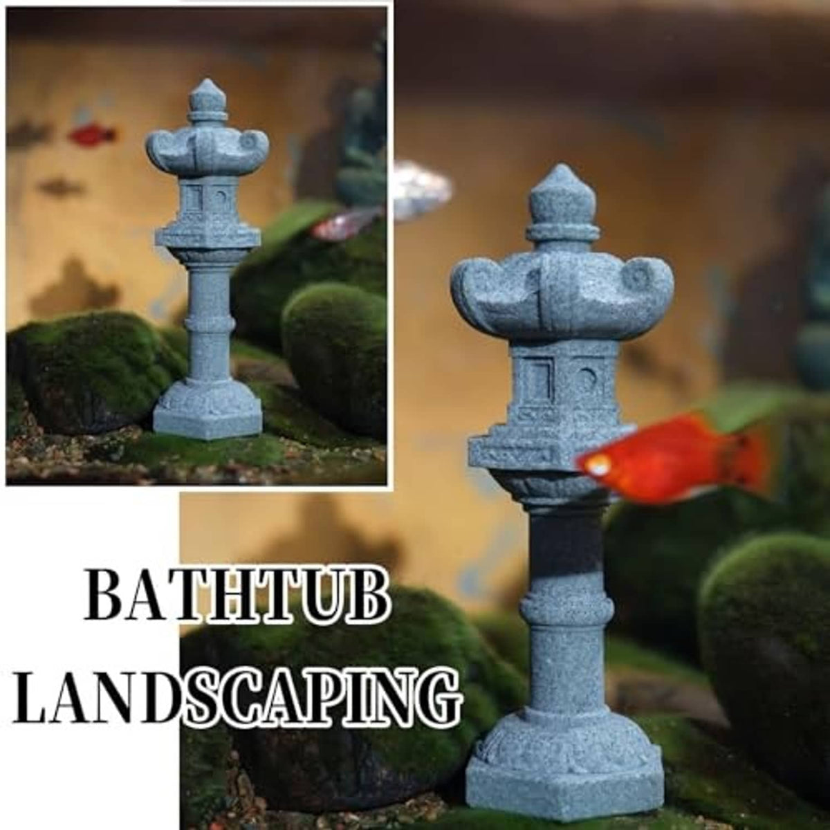 Miniature stone pagoda lantern ornament with stacked tier base, gray