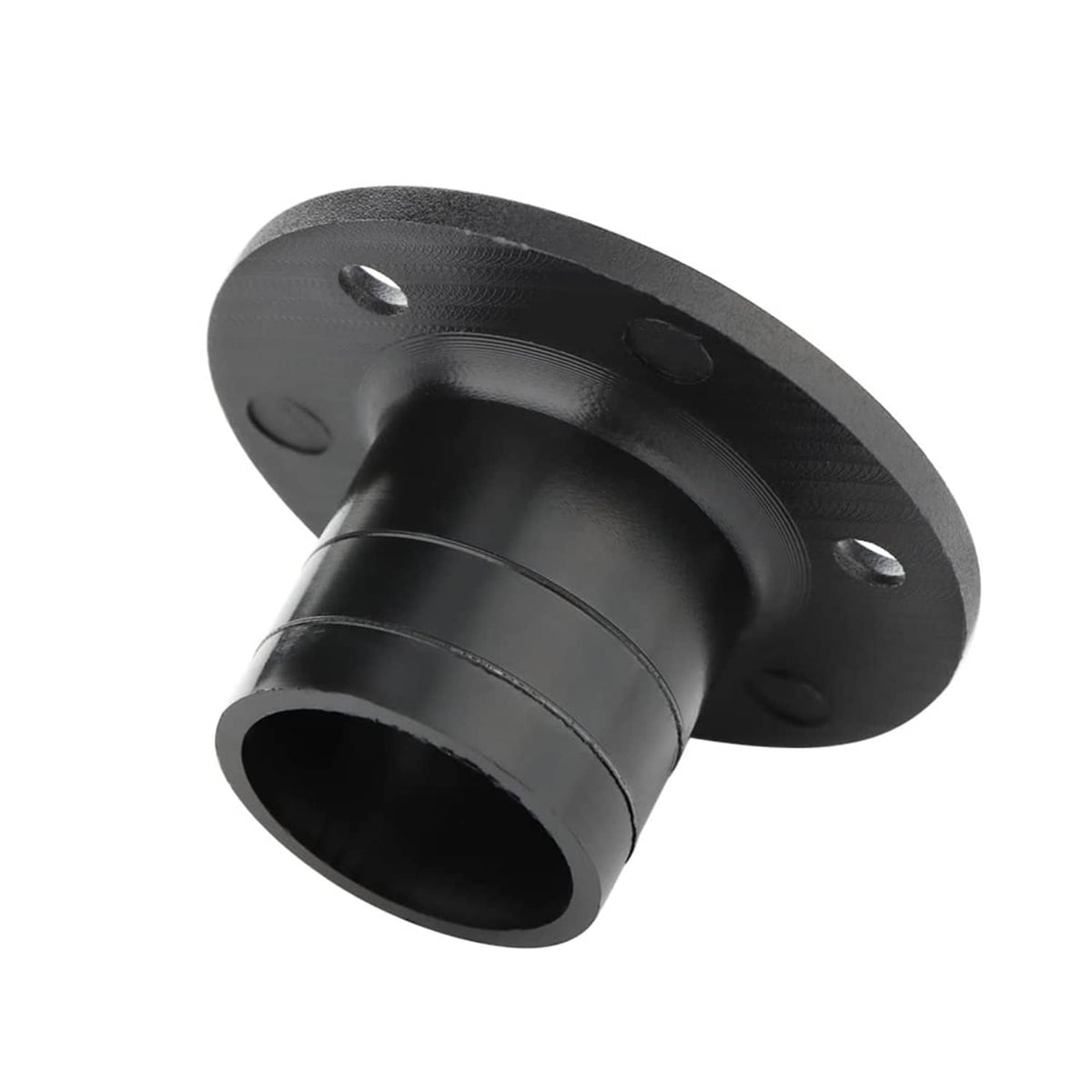 Black nylon deck drain fitting, flange base and short outlet pipe with mounting holes