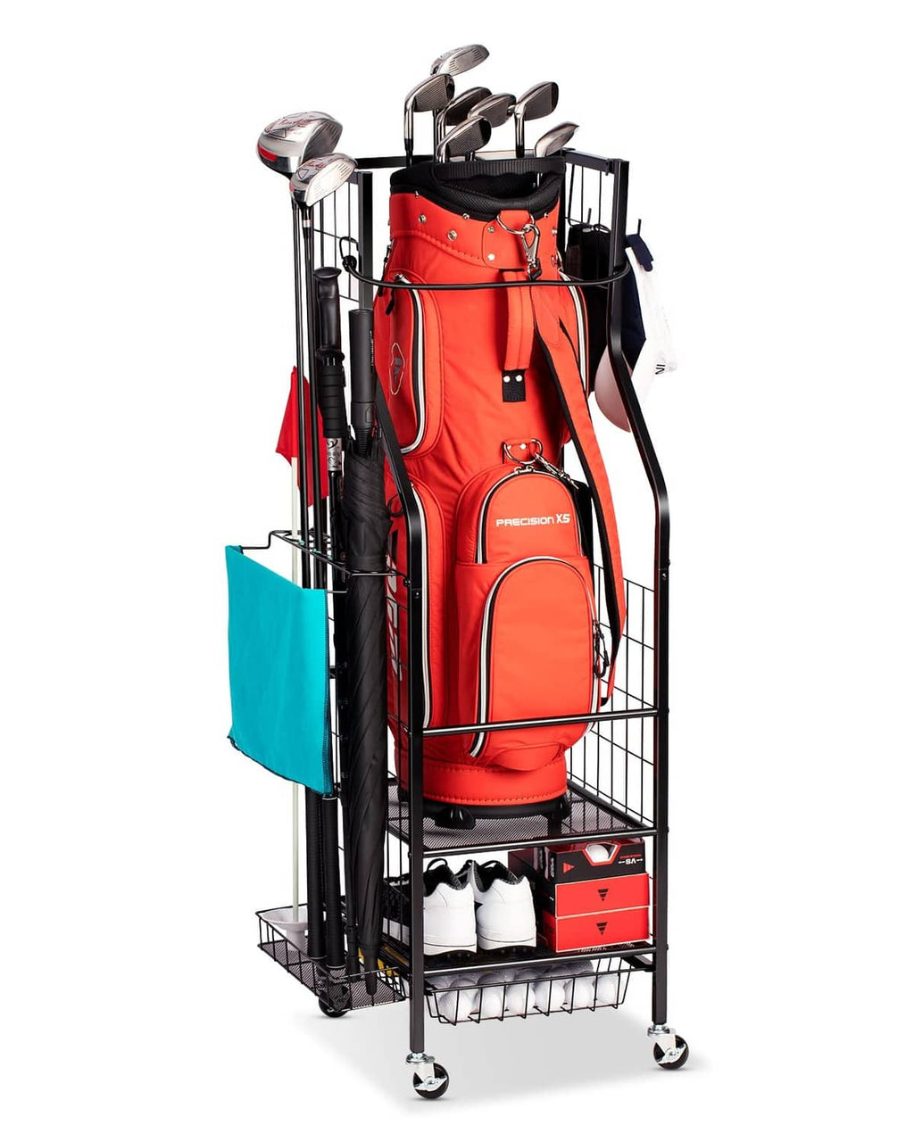 Golf bag storage rack with bottom drawer basket, black frame and red bag, on wheels