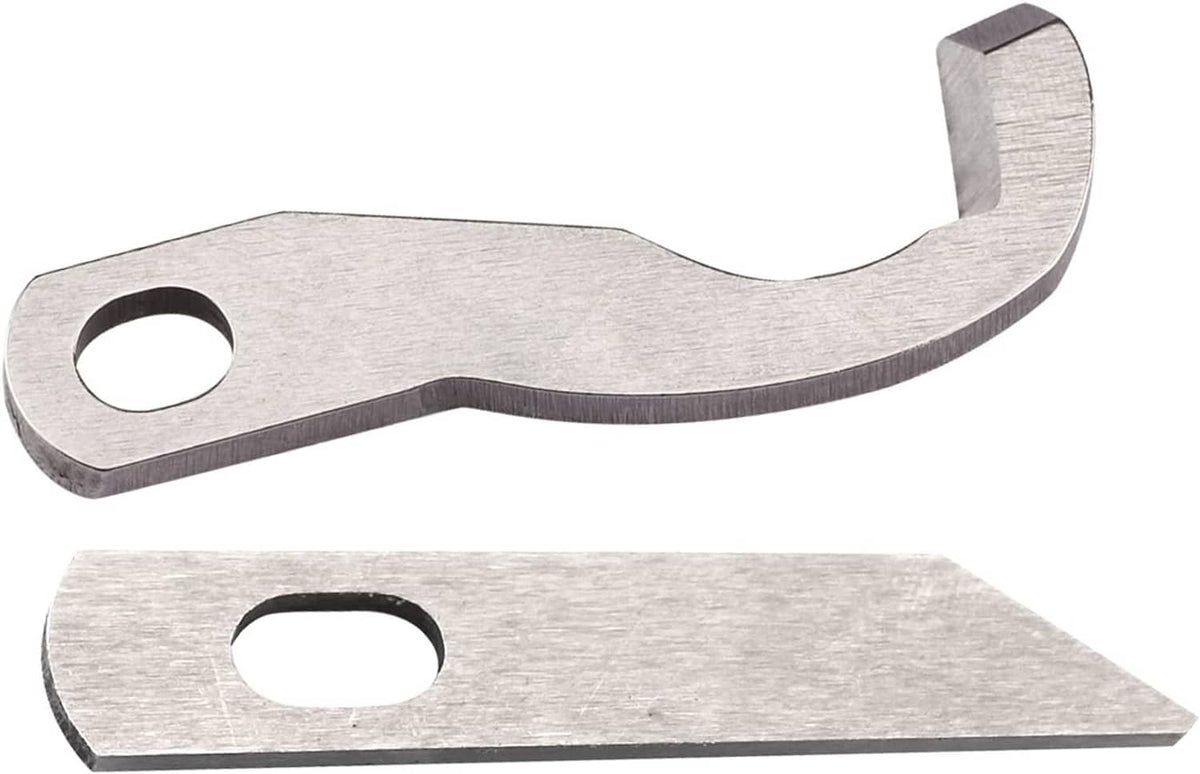 Stainless steel serger blade with curved tip and rectangular cutting edge, 2 pieces
