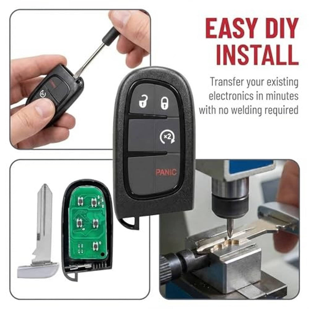 Black key fob remote with exposed metal key blade and lock controls