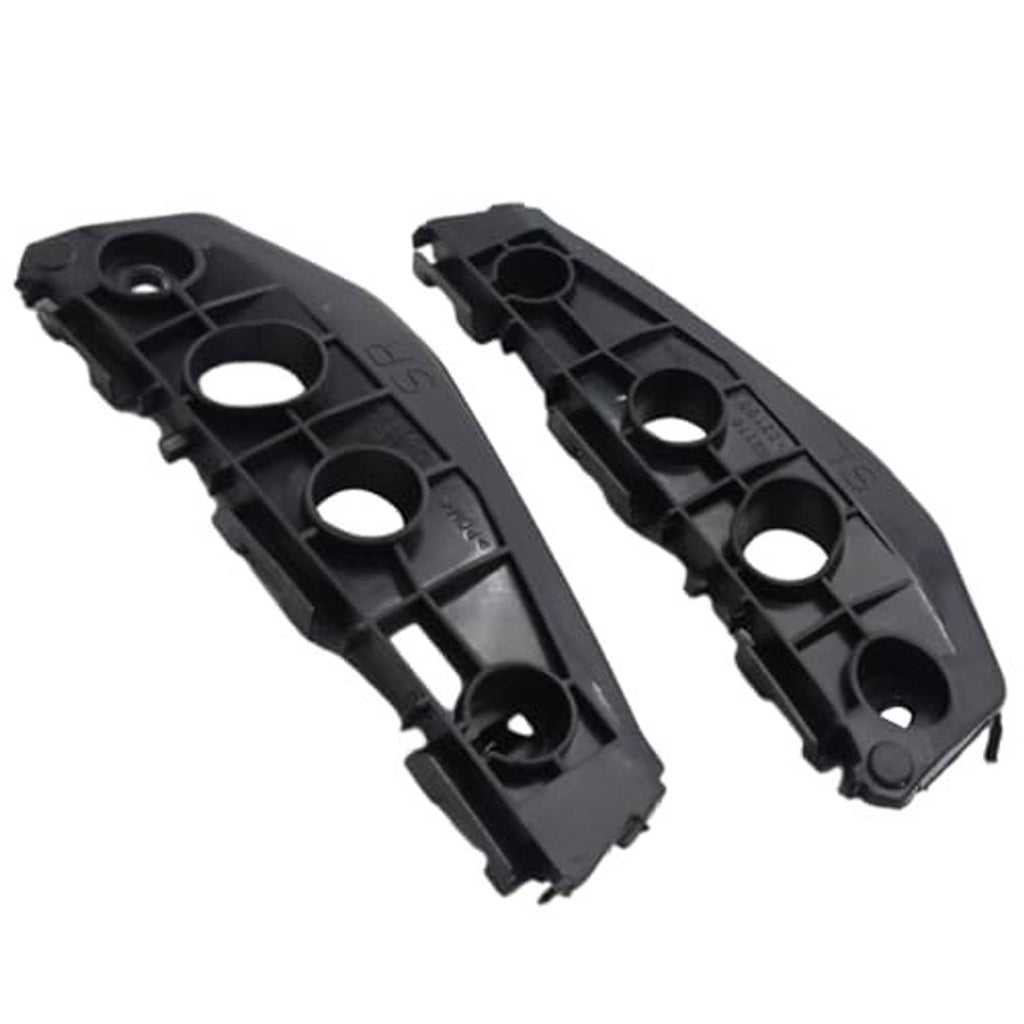 Two black front bumper support brackets with circular openings and mounting holes