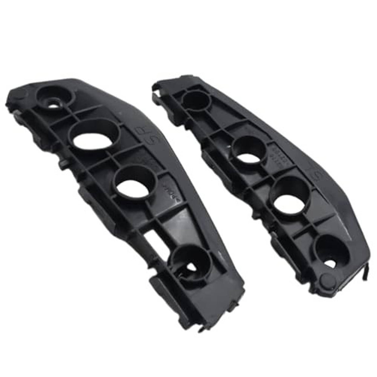 Two black front bumper support brackets with circular openings and mounting holes