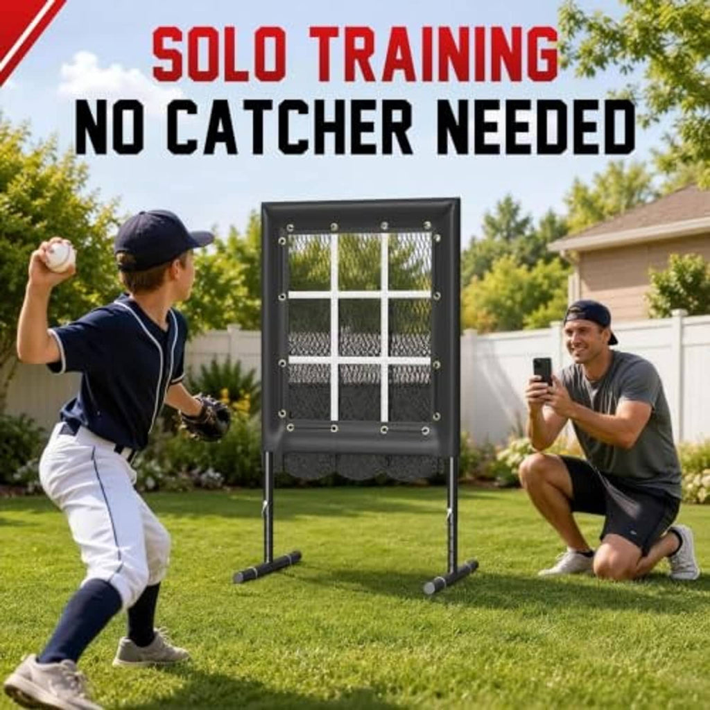 Strike-zone pitching net with 9-hole grid on T-bar frame for solo training