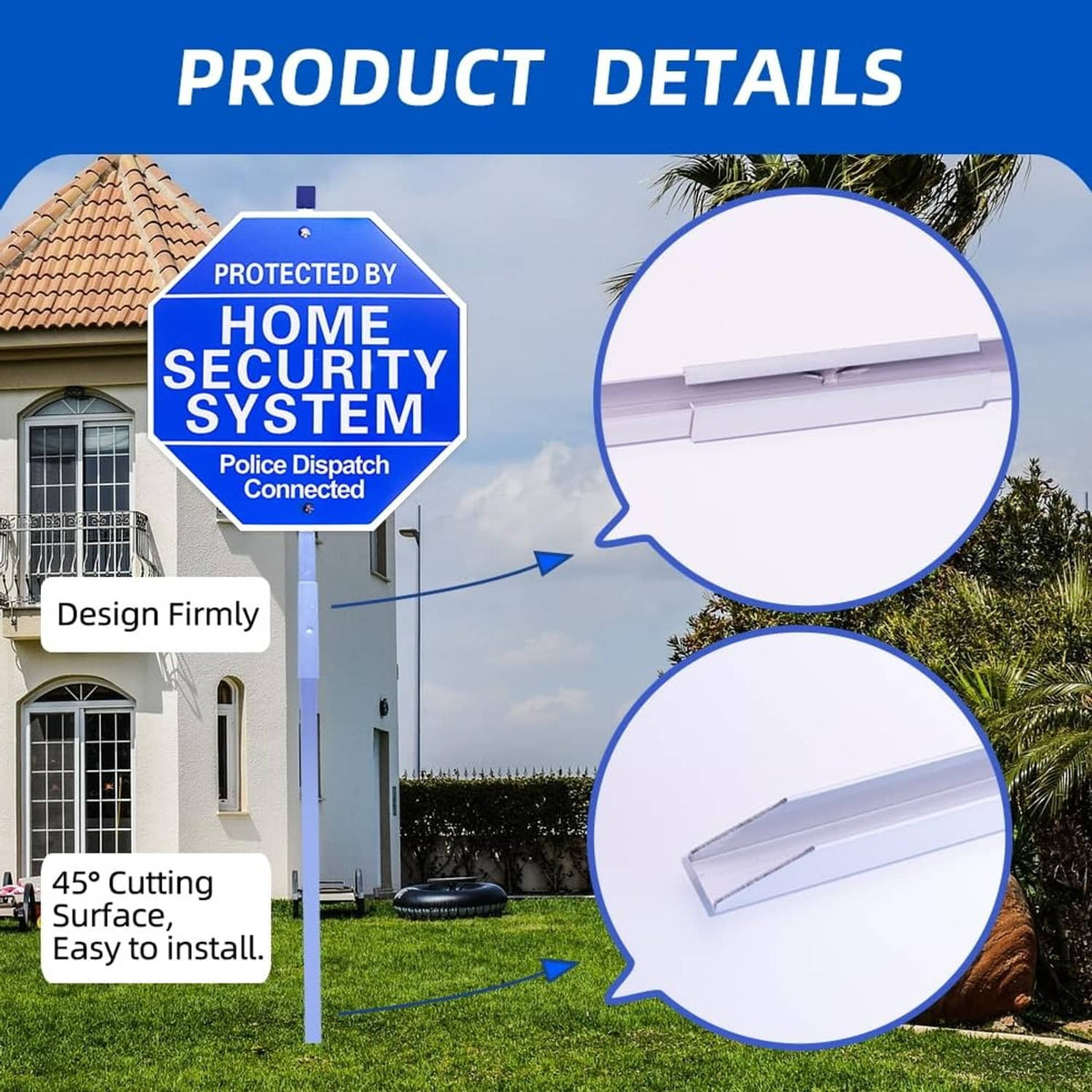 Blue octagon security sign with yard stake and 'PROTECTED BY HOME SECURITY SYSTEM' text