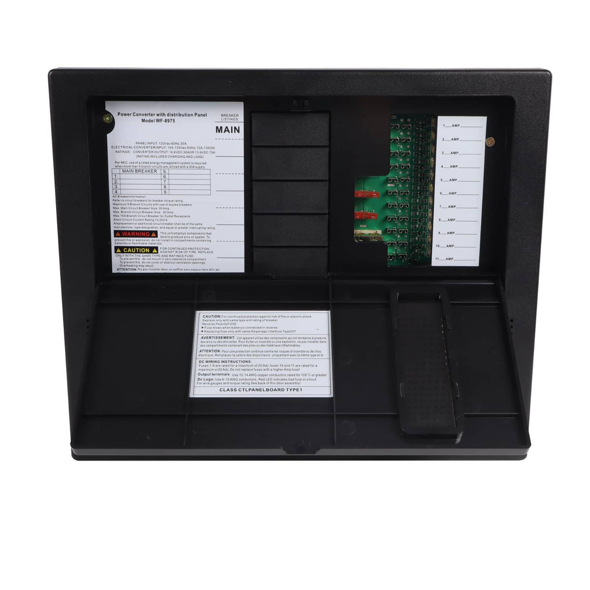 RV power converter with front panel open, showing circuit board and document holders
