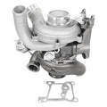 Turbocharger assembly with silver compressor housing, twin inlet pipes, and mounting flange